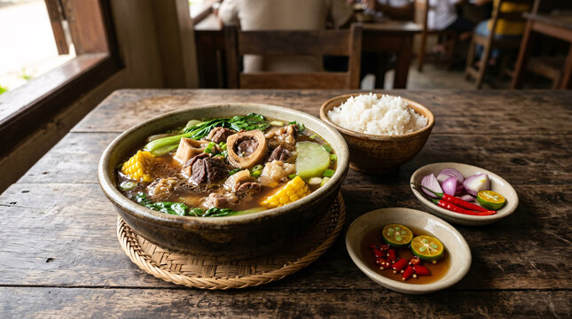 Beef bone marrow soup with rice, calamansi, onions, chilies, and dipping sauce.
