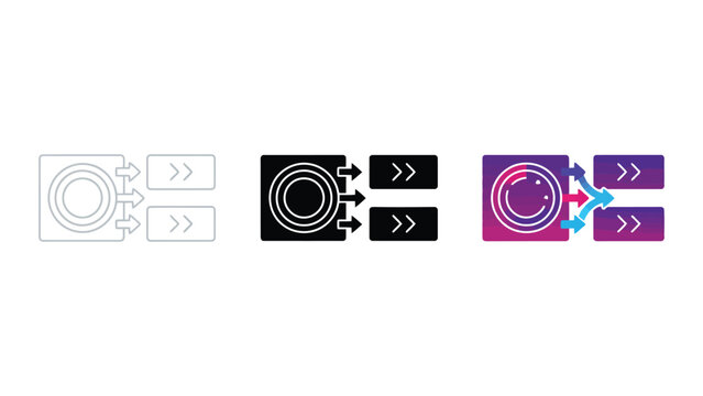 Data flow process with input circle and output arrows shown in three visual styles vector graphic