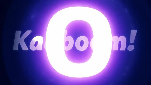 A glowing neon Kaboom! text in bright blue against a black background, evoking excitement and energy. 4k Video footage.