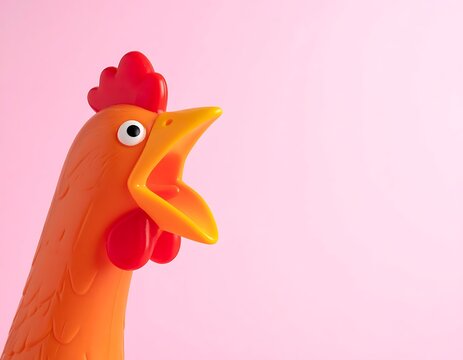 Vibrant plastic toy chicken head closeup.