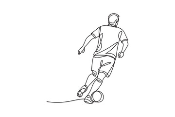 Fototapeta premium Single one line drawing back view of male football midfielder make move to control and dribbling ball.