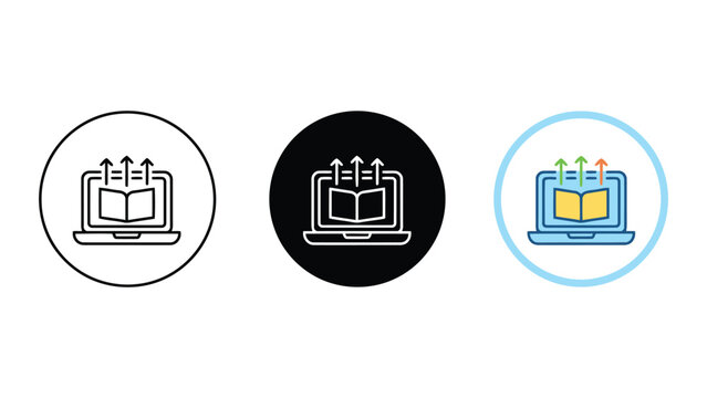 Digital learning platform icon set showcasing open book on laptop screen with upward growth arrows symbolizing educational progress and online course development in linear solid and colorful styles