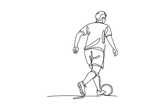 Single one line drawing back view of male football midfielder make move to control and dribbling ball.