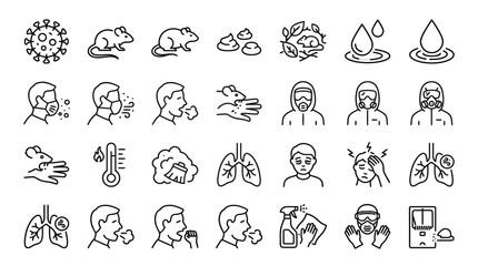 Fototapeta premium Hantavirus Disease Transmission and Prevention Line Icon Set - Rodent-Borne Illness, Symptoms, and Safety Measures Vector Illustration