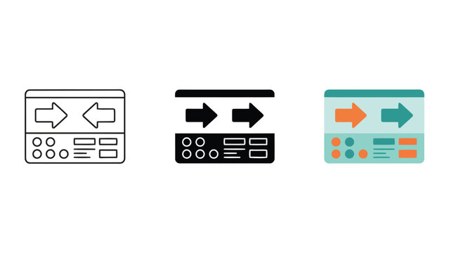 Web navigation and interface control icon set featuring directional arrows and interactive dashboard elements representing user flow and control panels for modern software applications and websites