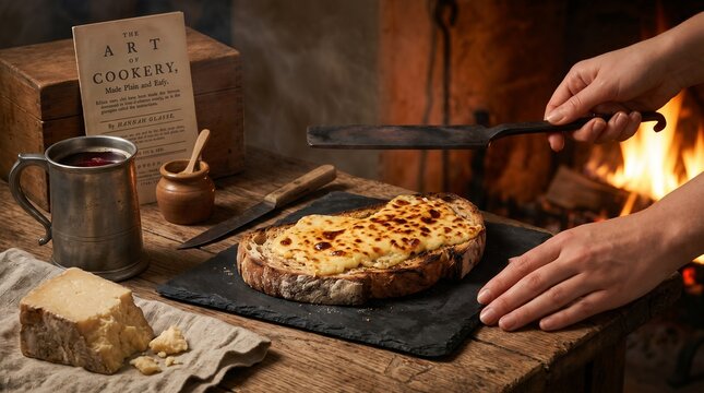 Welsh Rabbit (Caws Pobi) 1725 &ndash; The Original Hannah Glasse 18th-Century Recipe with Cheshire Cheese, Brown Ale, and Hot Iron Gratination on a Welsh Hearth
