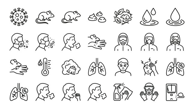 Hantavirus Disease Transmission and Prevention Line Icon Set - Rodent-Borne Illness, Symptoms, and Safety Measures Vector Illustration