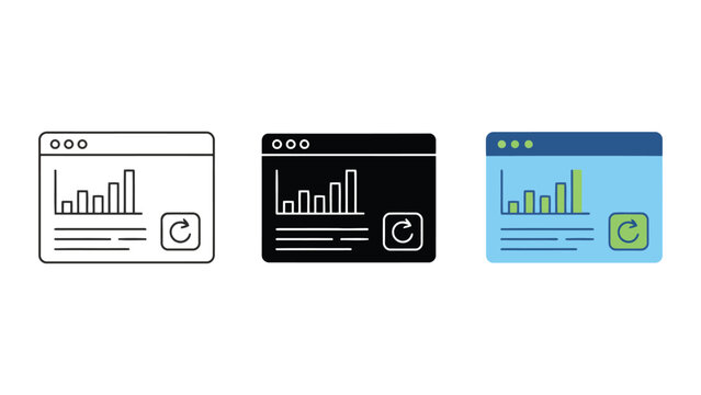 Website data analytics and page refresh icon set in outline solid and colorful styles for web development and traffic monitoring
