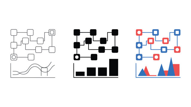 Workflow process and data chart vector icon set in outline glyph and flat color styles for project management software interfaces