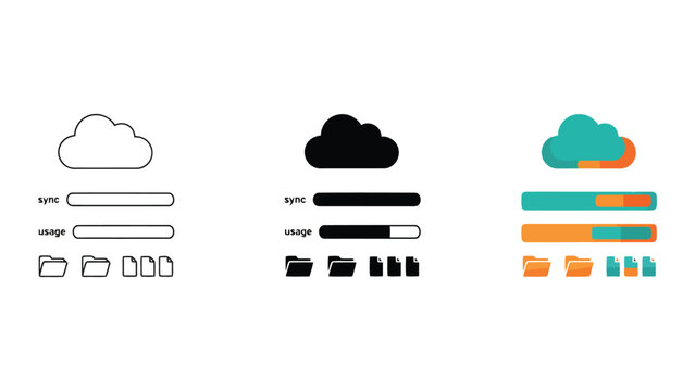 Cloud data synchronization and storage usage interface icon set featuring line art solid black and colorful flat design styles for modern web development and cloud computing applications
