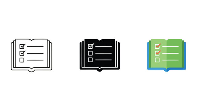Checklist in open book icon set featuring line art solid black and colorful flat design styles for task management and educational software development projects