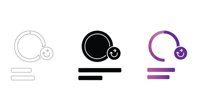 Data synchronization circle icon set with loading status and refresh arrows featuring line art solid black and colorful gradient flat design styles for software interfaces