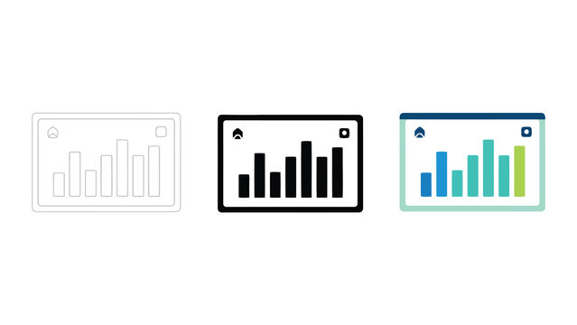 Financial data bar chart graph on screen display in outline solid and colorful vector styles