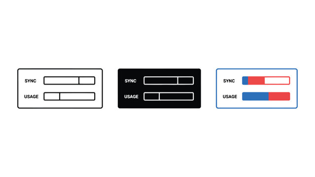 System synchronization and usage status bar icons showing progress indicators in outline and flat design for software performance monitoring and device settings interface elements