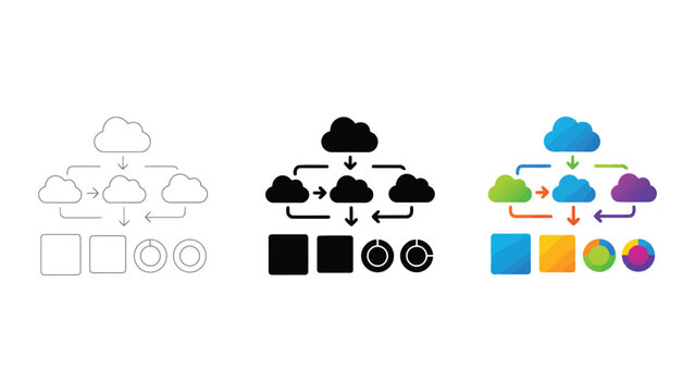 Cloud computing network architecture diagram icons showing server nodes and data flow charts in line and flat design styles for system infrastructure and cloud storage management concepts