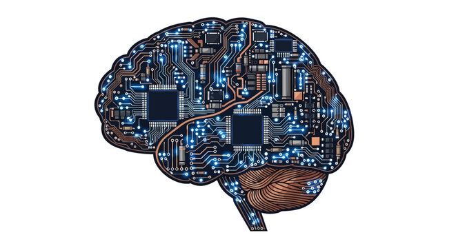 An illustration of a human brain made of electronic circuit boards and microchips on a white background.