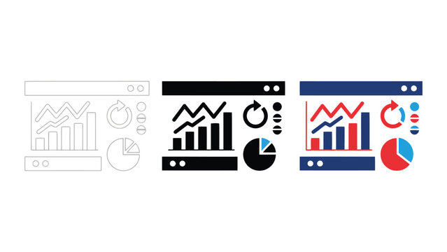 Business analytics dashboard interface icon set featuring bar charts and pie graphs