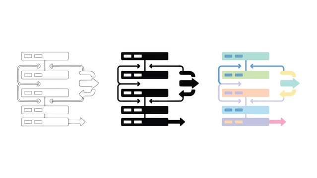 Complex workflow process flowchart with directional arrows and data boxes in linear solid and colorful vector design
