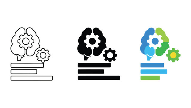 Brain gear mechanism icons in outline solid and flat styles representing cognitive processing and mental optimization