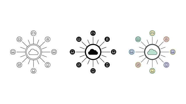 Centralized cloud computing network diagram showing data connection to multiple devices and services with line art and solid icons plus colorful illustration