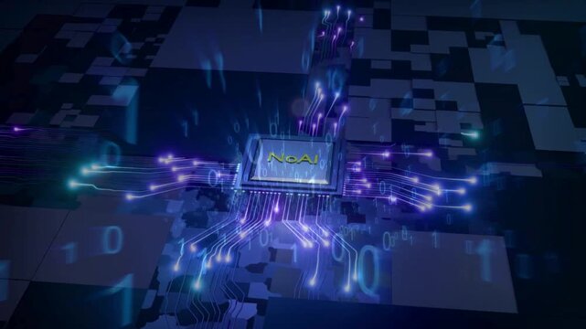Glowing computer CPU microchip text No AI protest sign concept.