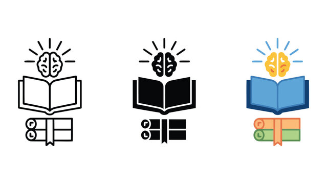 Knowledge expansion and intellectual growth icons featuring brain open book and scrolls in outline silhouette and flat color design for academic publishing and student success related content