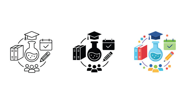 Education and learning icons set with graduation cap books flask and people for knowledge sharing vector art