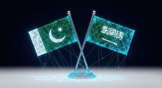 Pakistan and saudi arabia crossed table flags on a black background illustration