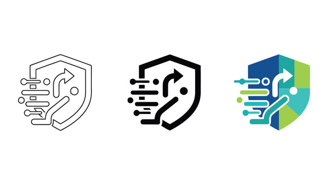 Cybersecurity defense shield icon with data packets and routing flow paths represented as modern vector graphics for network security and digital infrastructure protection concepts and monitoring