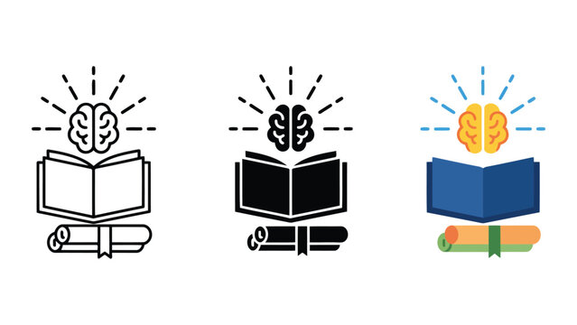 Academic achievement and intellectual enlightenment icons with brain open book and graduation scrolls in outline silhouette and flat color style for education and professional development design