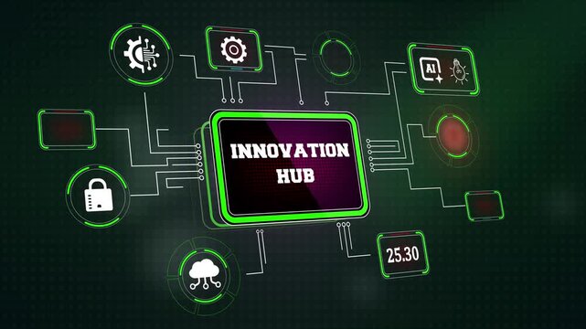 Digital hardware framework visualizing smart innovation hub computing grids and automated processing microchip routing nodes on a glowing matrix display