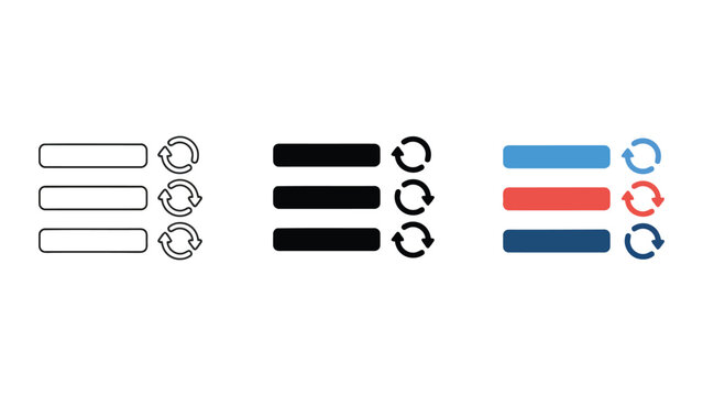 Vector icon set representing a list or menu with refresh arrows in three styles