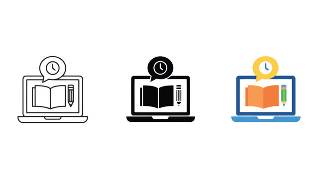 Online library research icon set featuring a laptop with a book pencil and clock speech bubble representing time management and study sessions for digital education platforms and academic tools