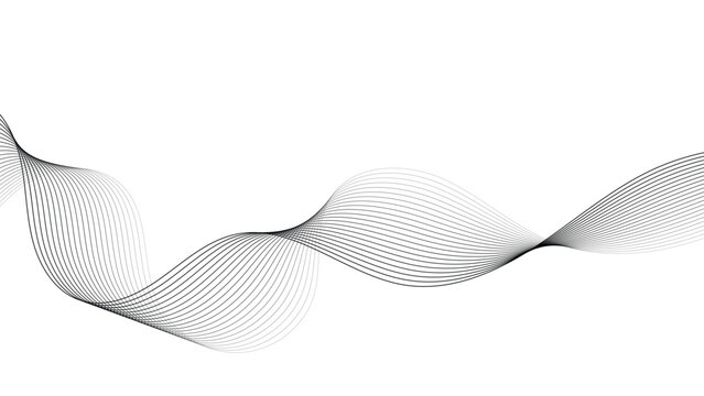 Abstract black and white wave line background, smooth flowing dynamic wavy lines element isolated on white background, vector graphic design.