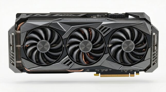 High-performance graphics card with triple cooling fans, powerful GPU hardware for gaming and rendering, professional computer component on white background