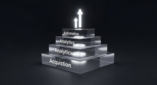 3D glass pyramid showing business stages from acquisition to automation