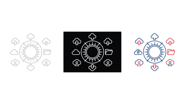 Cloud data integration and management hub icon set with circular flow representing centralized information exchange