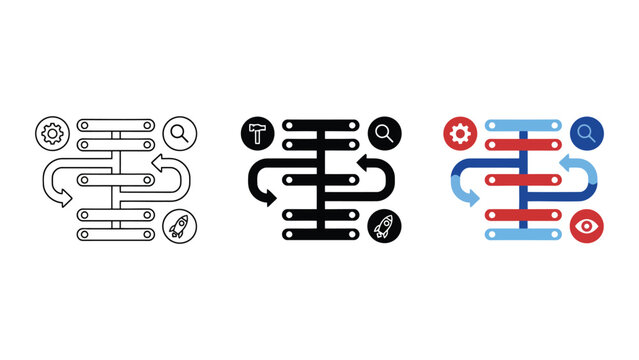 Software development workflow diagram with gear and rocket icons representing project management and technical process optimization