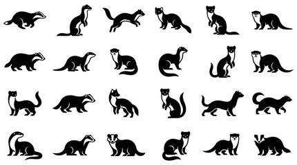 Fototapeta premium Detailed black silhouette collection of various mustelid animals, including badgers, weasels, ferrets, and minks, showcasing different postures for wildlife themes