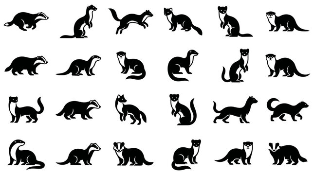 Detailed black silhouette collection of various mustelid animals, including badgers, weasels, ferrets, and minks, showcasing different postures for wildlife themes