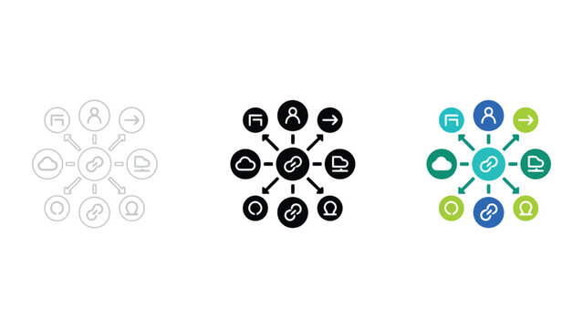Centralized link network icon set with nodes and connected peripheral elements in outline solid and colorful flat vector styles for hub and spoke system architecture and digital connectivity