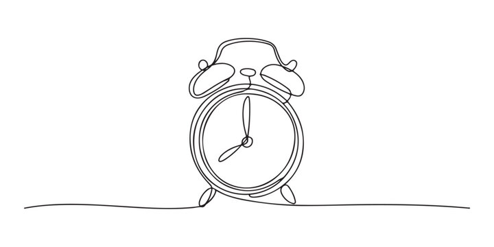 alarm clock continuous one line drawing, Continuous one line drawing of vintage alarm clock vector design, Clock drawn symbol. One line art continuous icon, Hand drawn vector illustration.