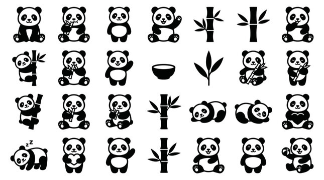 Cute panda silhouette collection, isolated on white background, bamboo elements, playful animal poses for design