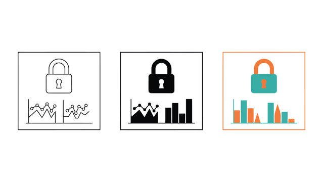 Financial security and data privacy concept with padlock icon and statistical charts in outline solid and flat colored vector graphics for cyber security and investment protection analysis