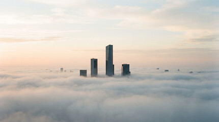 Fototapeta premium Serene minimalist view of architectural concrete forms emerging from dense morning urban industrial smog atmosphere