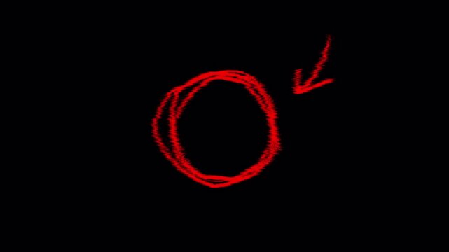 Scribbled red circle hand-drawn highlight animation with an arrow pointer. Perfect for vlogs, tutorials, and landing pages to emphasize key content. Features a seamless loop with an alpha channel.