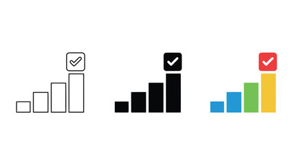 Naklejka premium Set of three bar chart icons with check marks for progress tracking and task completion status in flat line and solid design styles