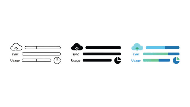Cloud data sync and storage usage icons with loading bars and pie charts for digital account management dashboards