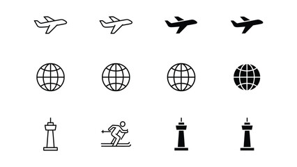 Collection of icons representing travel, aviation, and global connectivity themes © Jubayer