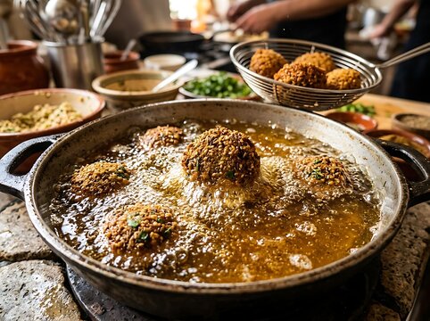Falafel balls frying in hot oil in a cast iron pan